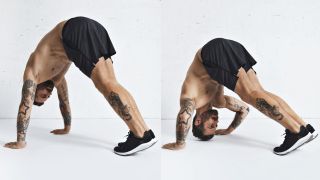 Man demonstrates two positions of the pike push-up exercise