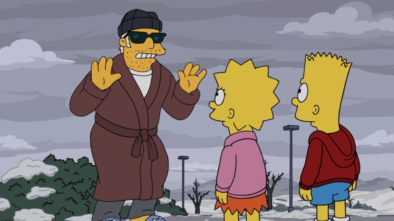 Duffman in beanie and robe in The Simpsons "Seperance" Severance spoof