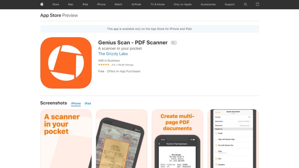 Website screenshot for Genius Scan in the Apple App Store.