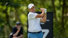 Richard Bland of England tees off on hole 17 during day 4 at Foxhills Golf Course on August 11, 2024 in Ottershaw, England. 