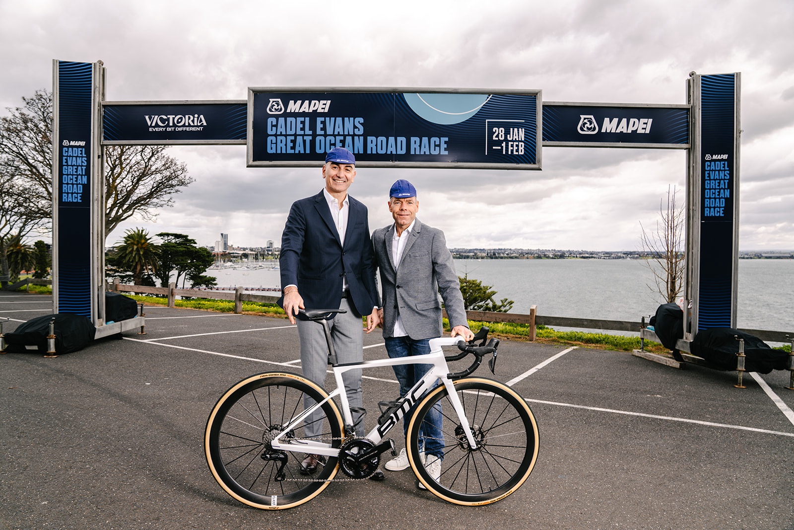 General Manager of Mapei&amp;rsquo;s Australian operations, MarcoDe Santis with Cadel Evans at the announcement of the Mapei title sponsorship in Geelong