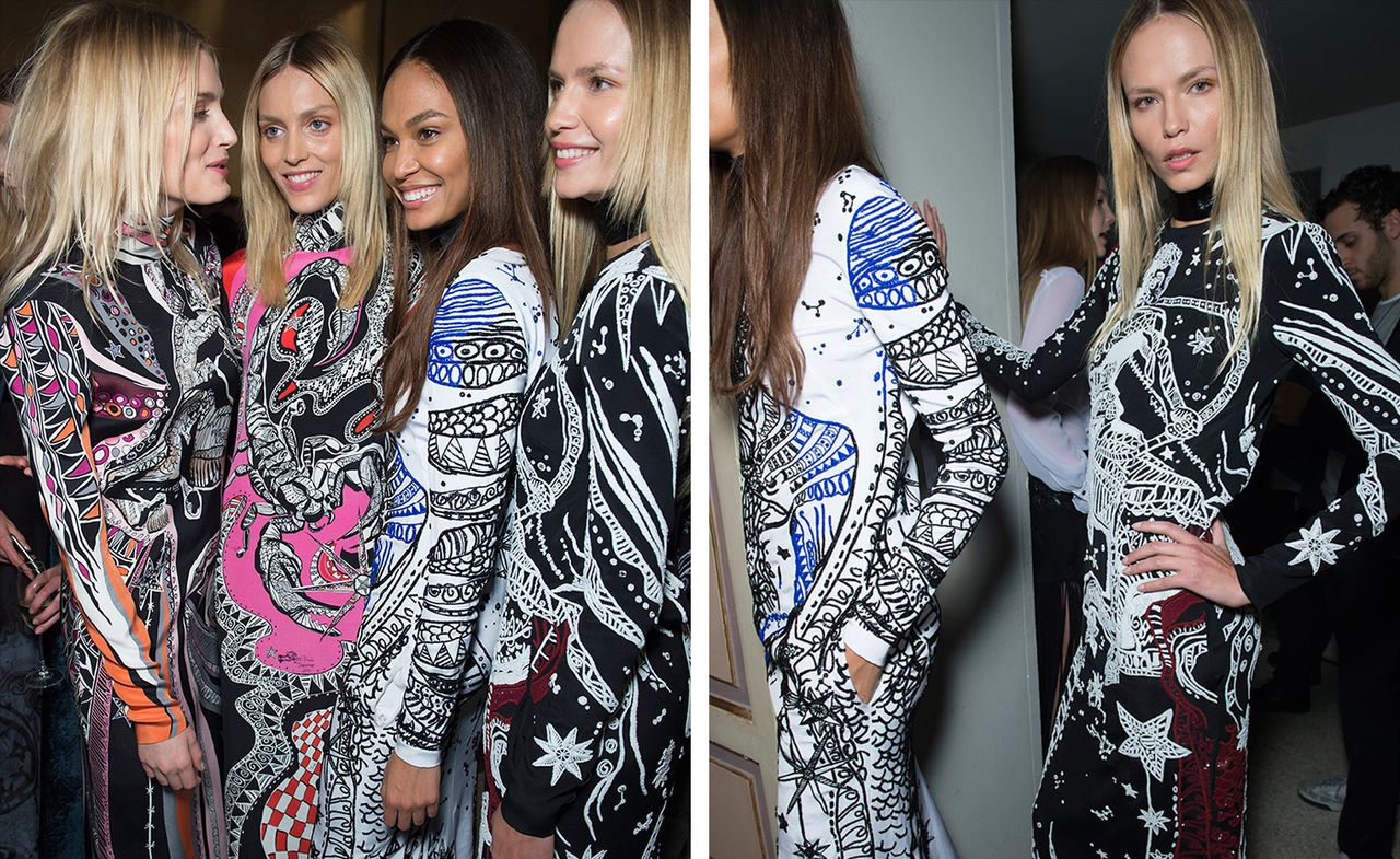 Models wearing long, colorful dresses, with geometric prints, and a handbag, from Emilio Pucci A/W 2015 collection.