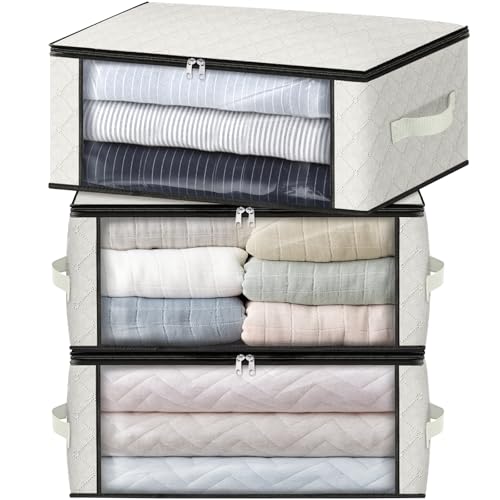 Homehacks Storage 3-Pack Clothes Organizer Storage Bags Foldable Storage Box With Large Clear Window Sturdy Handles for Closet, Dorm, Pillows, Bedding, Clothes, Blankets, 35l, Ivory