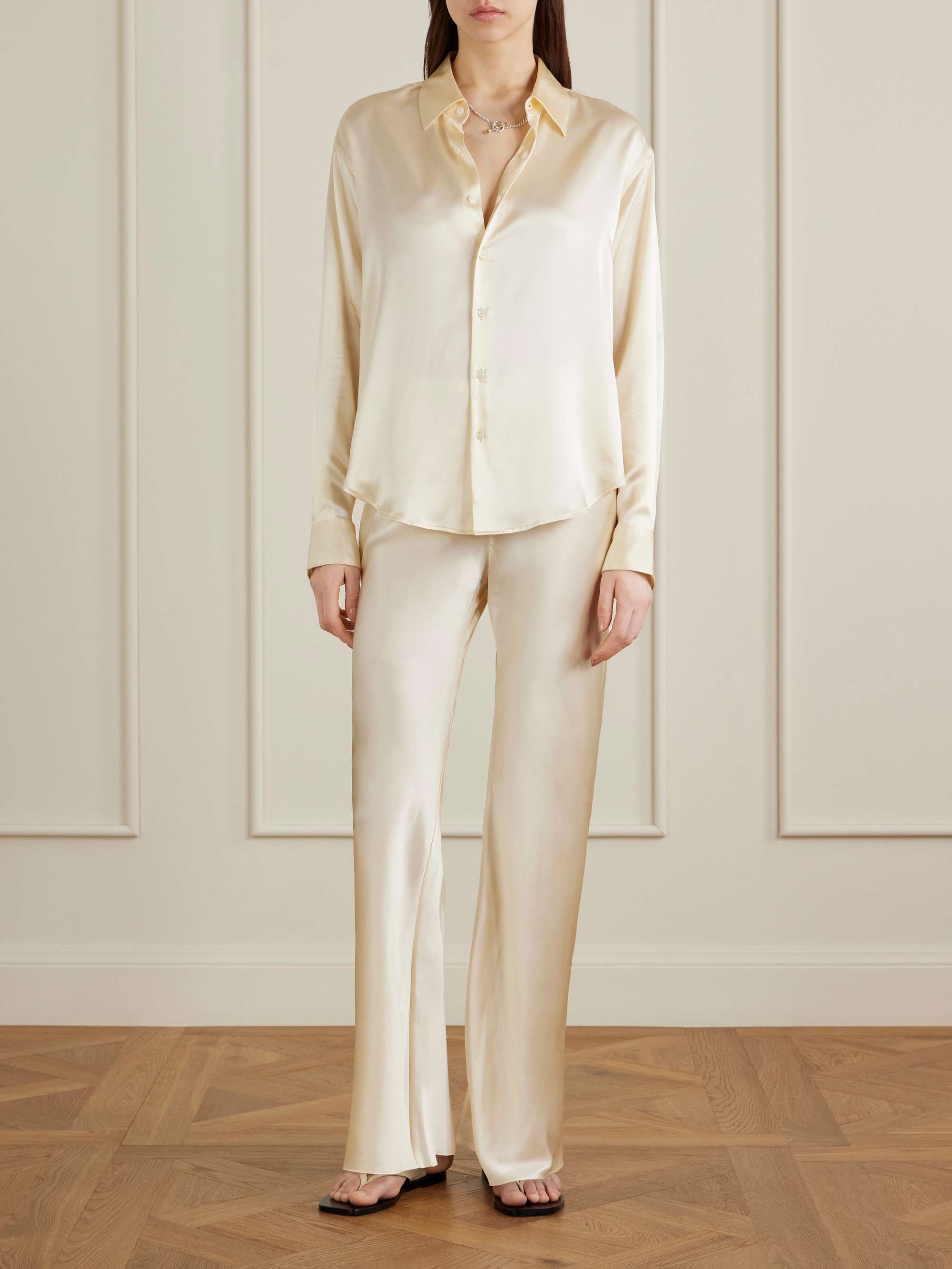 Bias Appliqu&eacute;d-Silk Straight-Leg Pants