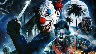 GTA Online Halloween Haunts - A slasher clown and a zombie in front of a full moon and palm trees