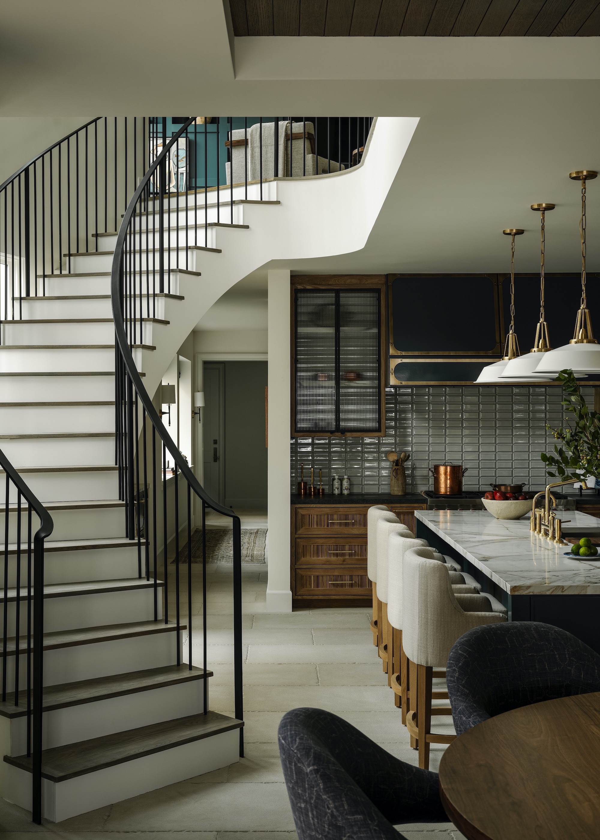 staircase with wood steps in open plan kitchen