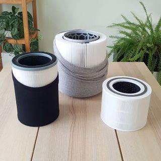 The Blueair, Levoit, and Beko air purifier's air filters on a wooden table with indoor plants behind