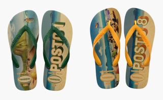 Two pairs of sandals with the image of a beach printed on the soles, one with a green strap and the other with a yellow strap.