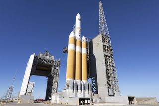 The mobile service tower rolls back from the United Launch Alliance (ULA) Delta IV Heavy rocket carrying NRO's NROL-71 mission in preparation for launch from Space Launch Complex 6 at Vandenberg Air Force Base in California. Liftoff is targeted for Jan. 19, 2018.