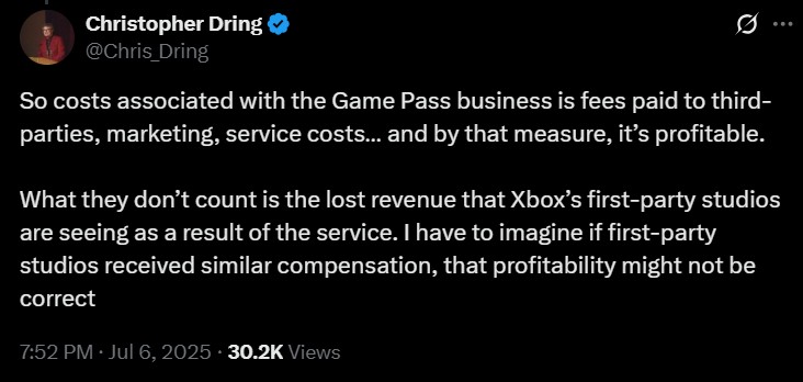 Christopher Dring on Twitter: So costs associated with the Game Pass business is fees paid to third-parties, marketing, service costs… and by that measure, it’s profitable. What they don’t count is the lost revenue that Xbox’s first-party studios are seeing as a result of the service. I have to imagine if first-party studios received similar compensation, that profitability might not be correct.