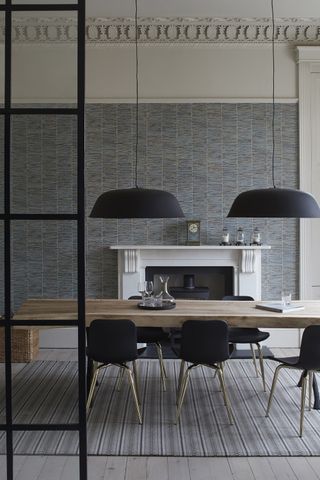 Roger Oates rug in a grey dining room