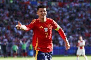 Alvaro Morata celebrates after scoring for Spain against Croatia at Euro 2024.