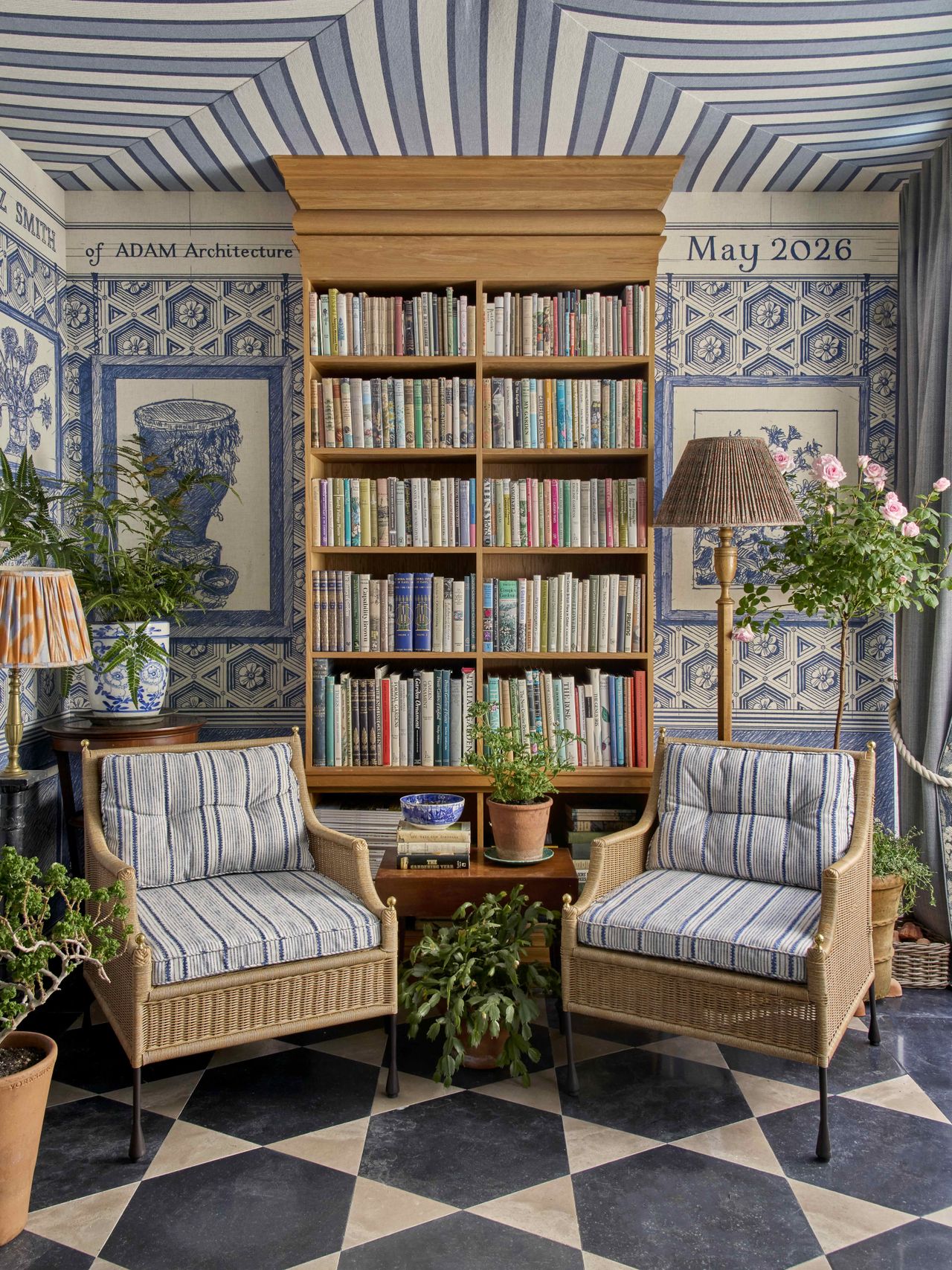 Images of the Garden Lover's Library at RHS Chelsea, showing details of the intricate stonework, books and plants