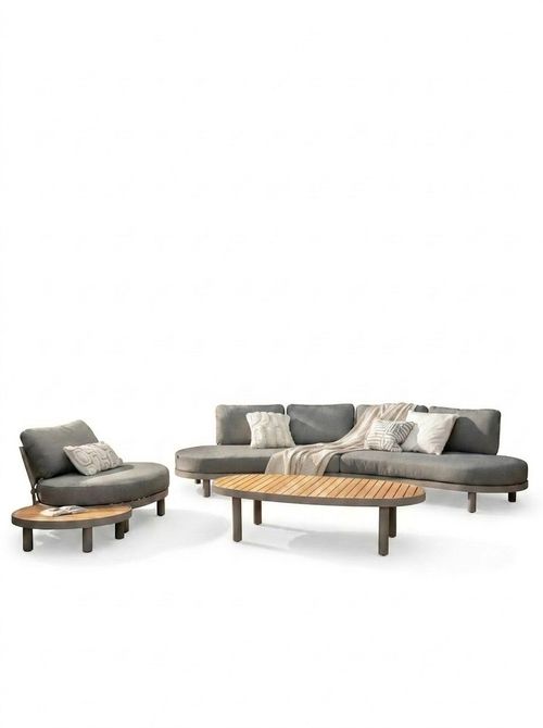 Zamora  Curved Grey Garden Sofa and Teak Outdoor Coffee Table