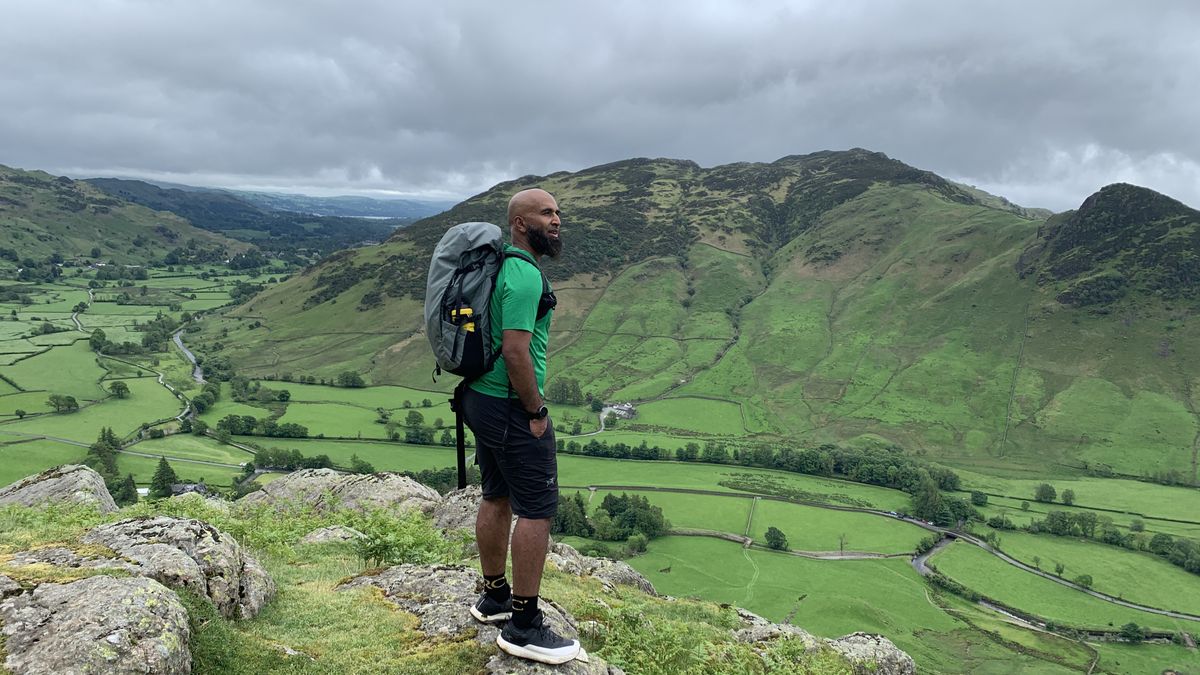 A hiker in a green shirt looks at the view