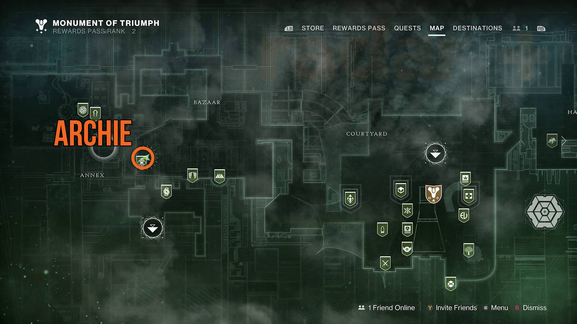 Destiny 2 Can You Pet the Dog Triumph Archie's location marked on Tower map