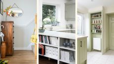 compilation image of a hallway kitchen and laundry room to support a guide to answer how can I declutter my home in a way that feels manageable