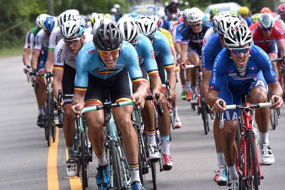 Sep Vanmarcke (Belgium) and Fabio Felline (Italy) lead their teams trains