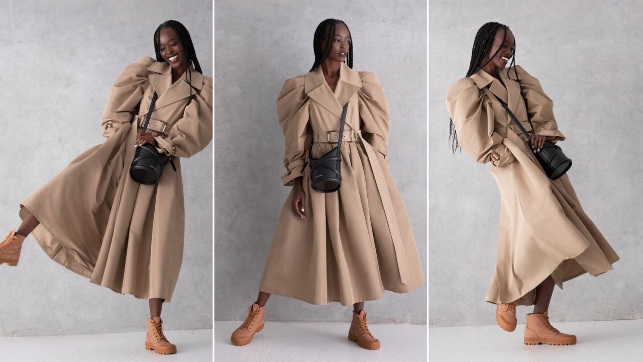 A triptych graphic of a model wearing a puff-sleeved khaki trench coat.