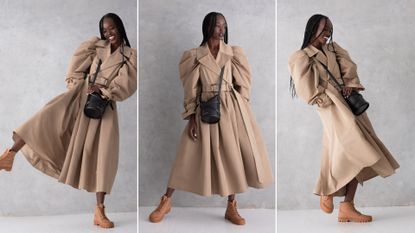 model wearing a trench coat for marie claire shoot