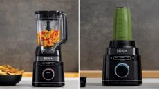 Two images of the Ninja Detect Duo Power Blender Pro. Left one has cooked yellow and red pepper pieces, the right is with the shake attachment and has a green liquid inside
