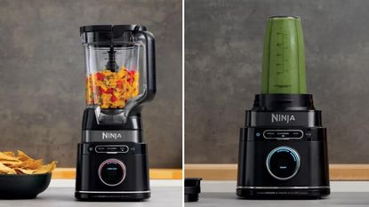 Two images of the Ninja Detect Duo Power Blender Pro. Left one has cooked yellow and red pepper pieces, the right is with the shake attachment and has a green liquid inside