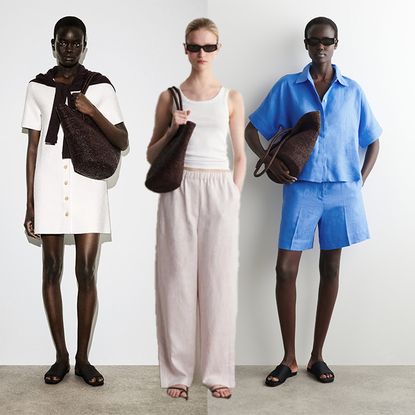 Models wear on sale COS items. One wears a white dress, the other wears linen pants and a tank, and the last one wears a blue linen short set. 
