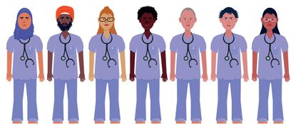 Diverse group of doctors and nurses illustration.