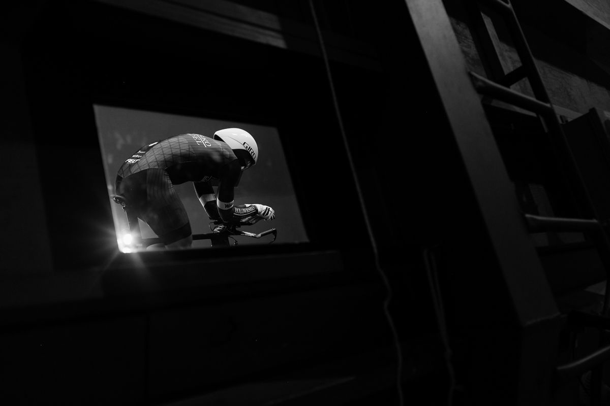 A view from outside the wind tunnel while a rider is tested.