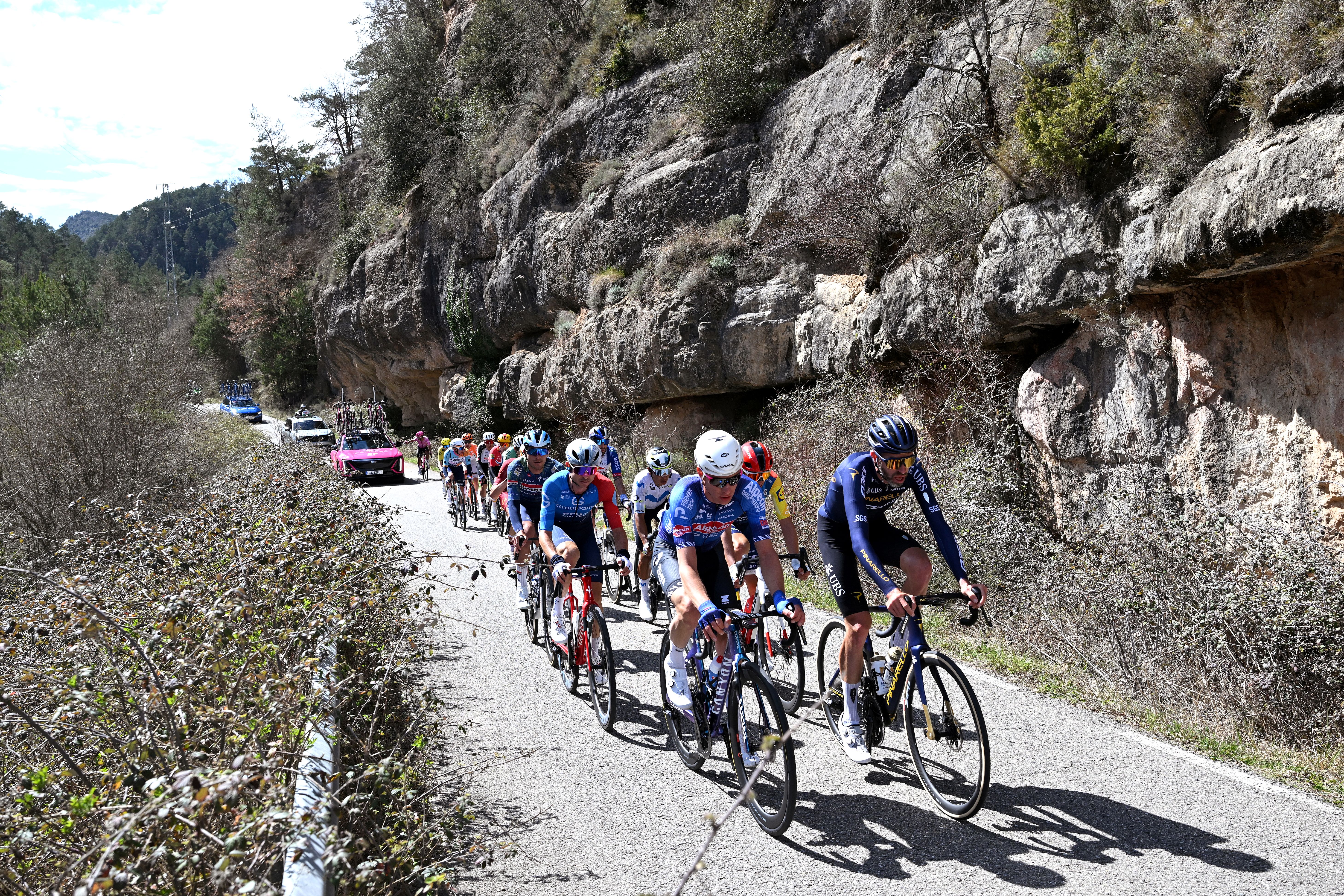 QUERALT, SPAIN - MARCH 28: (L-R) Andrea Raccagni Noviero of Italy and Team Soudal Quick-Step, Rudy Molard of France and Team Groupama - FDJ United, Ramses Debruyne of Belgium and Team Alpecin-Premier Tech and Damien Howson of Australia and Team Pinarello Q36.5 Pro Cycling lead the breakaway during the 105th Volta a Catalunya 2026, Stage 6 a 158.2km stage from La Berga to Queralt 1133m / #UCIWT / on March 28, 2026 in Queralt, Spain. (Photo by Szymon Gruchalski/Getty Images)