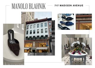 The Manolo Blahnik store on the Upper East Side in New York with the brand's name in text as well as the address "717 Madison Avenue."