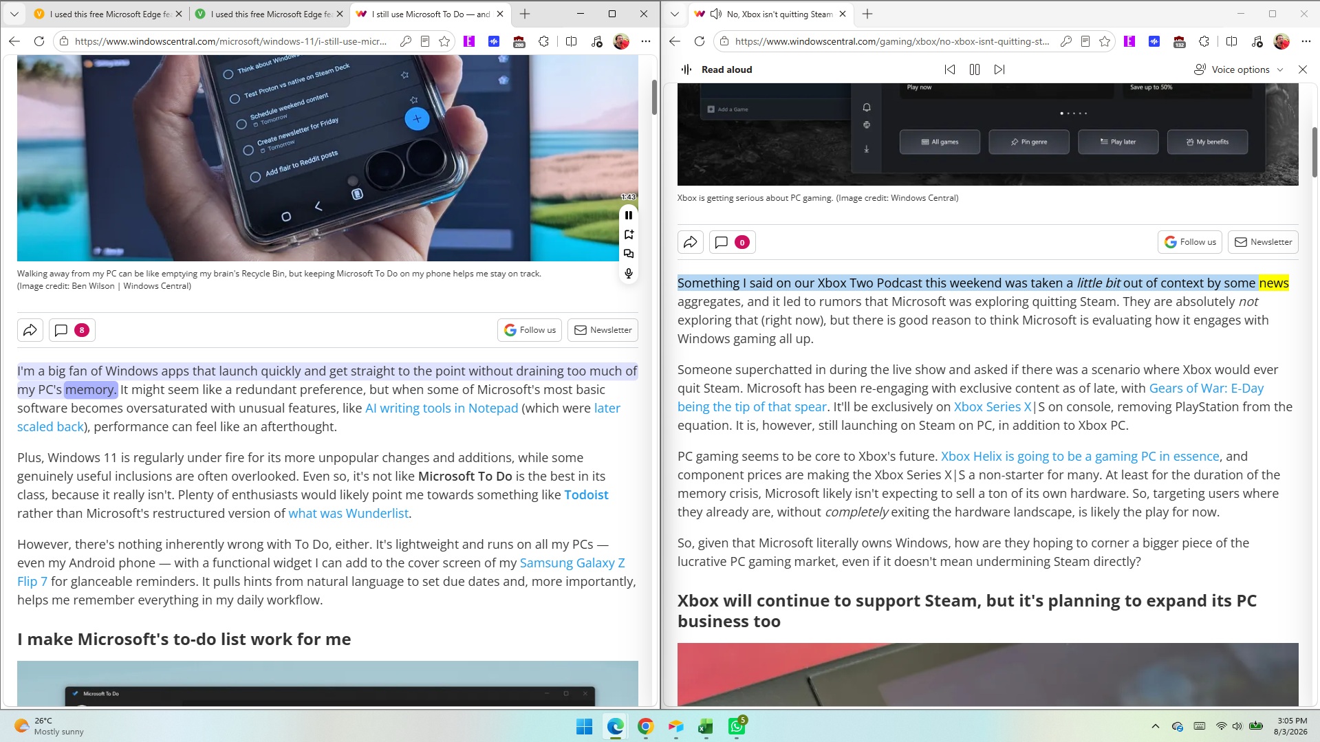 Side-by-side comparison of two Microsoft Edge browser windows displaying Windows Central articles&amp;mdash;one using the Speechify extension (left) and the other using Edge's built-in Read Aloud feature (right).