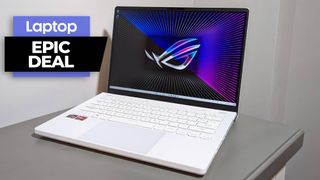Asus ROG Zephyrus G14 gaming laptop in white colorway on a gray desk with white background