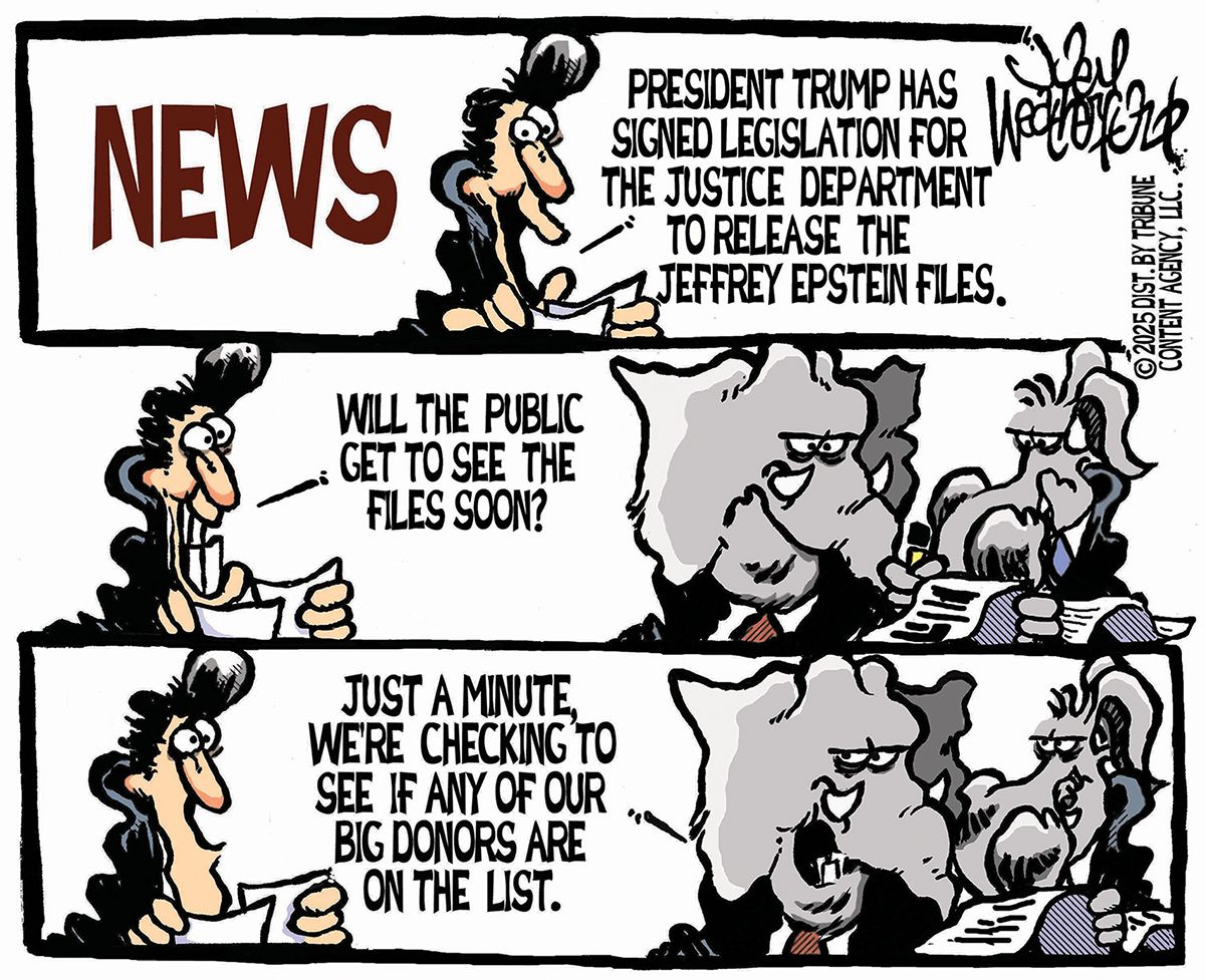 
                                This is a three panel cartoon that is read from top to bottom. The first panel features a newscaster saying, “President Trump has signed legislation for the Justice Department to release the Jeffrey Epstein files.” The next panel shows the newscaster with two elephants who look closely at papers. “Will the public get to see the files soon?” says the newscaster. In the final panel, an elephant responds, “Just a minute. We’re checking to see if any of our big donors are on the list.”
                            