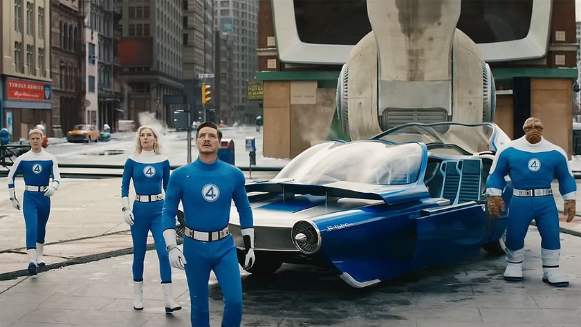 The Fantastic Four standing on a New York street by the Fantasti-Car in The Fantastic Four: First Steps