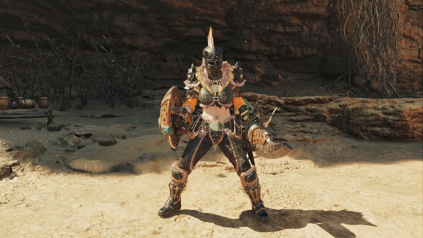 The player in Monster Hunter Wilds standing in the training area wielding the Sword and Shield.