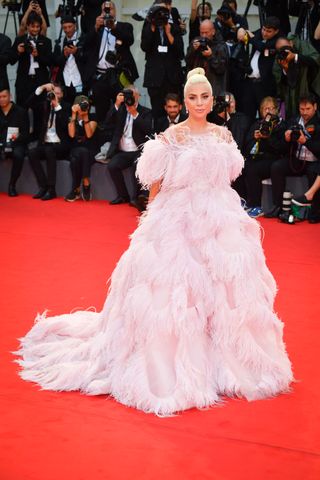 Lady Gaga trug ein rosafarbenes Federkleid