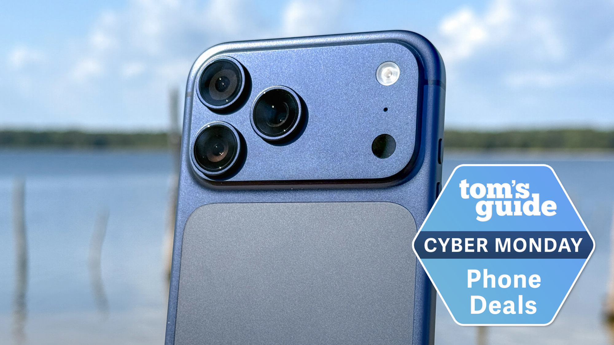 iPhone 17 Pro Max with Cyber Monday badge.