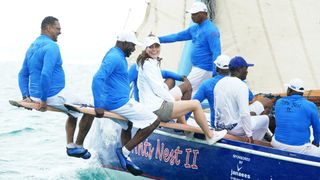 Catherine, Duchess of Cambridge onboard a boat from the Bahamas Platinum Jubilee Sailing Regatta at Montagu Bay