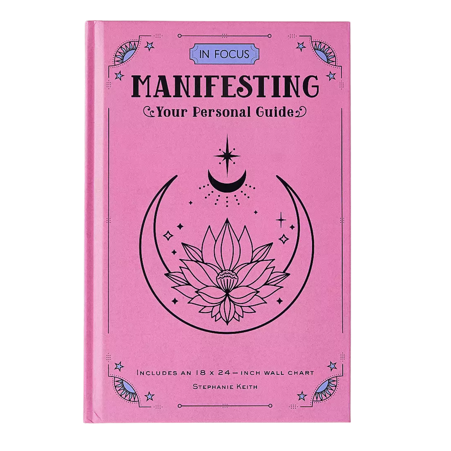A pink hardcover book titled 'In Focus Manifesting' by Stephanie Keith from Urban Outfitters