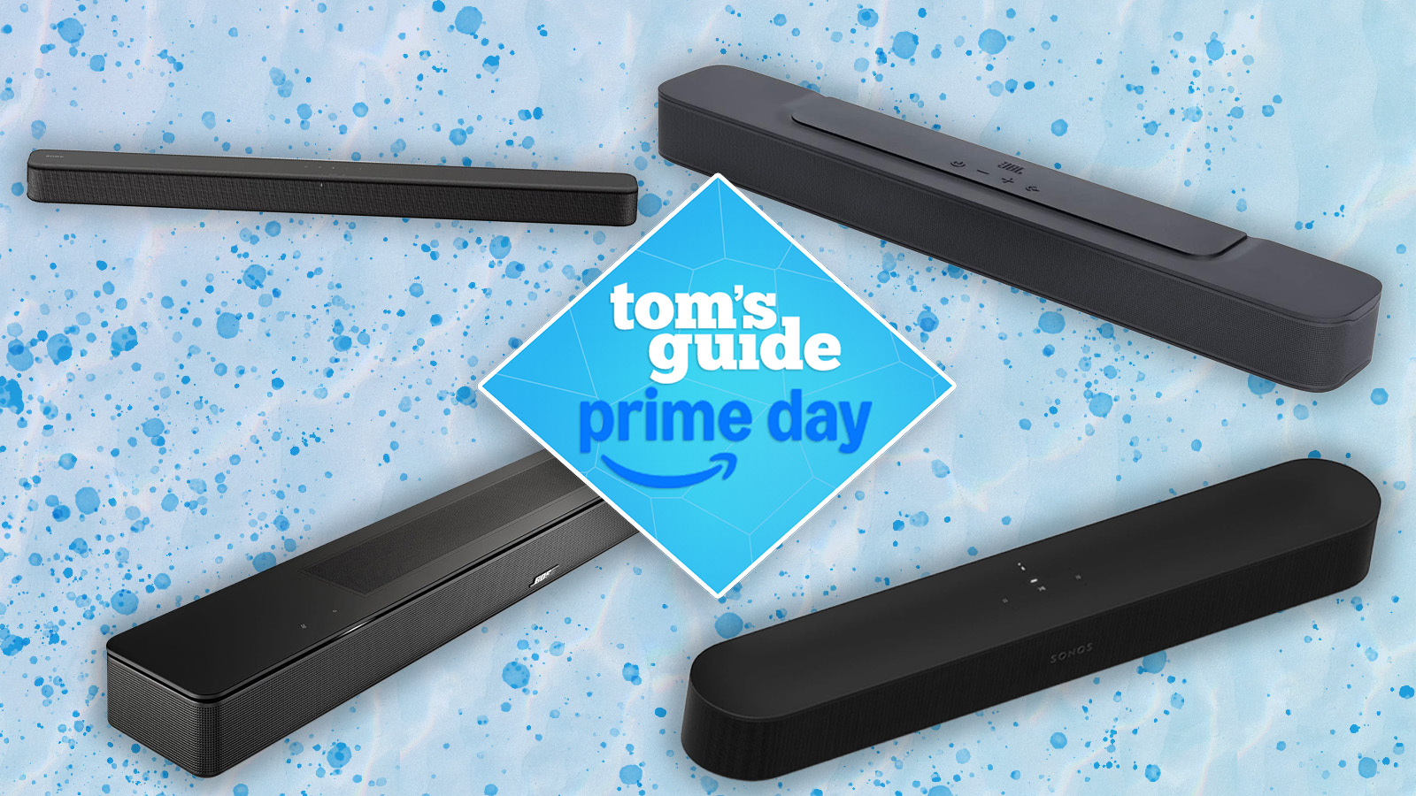 a composite image on a blue background with a tom&#039;s guide prime day badge, with a JBL soundbar, bose soundbar, sony soundbar, and sonos soundbar