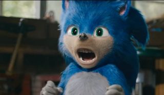 Sonic The Hedgehog looks shocked, teeth and all