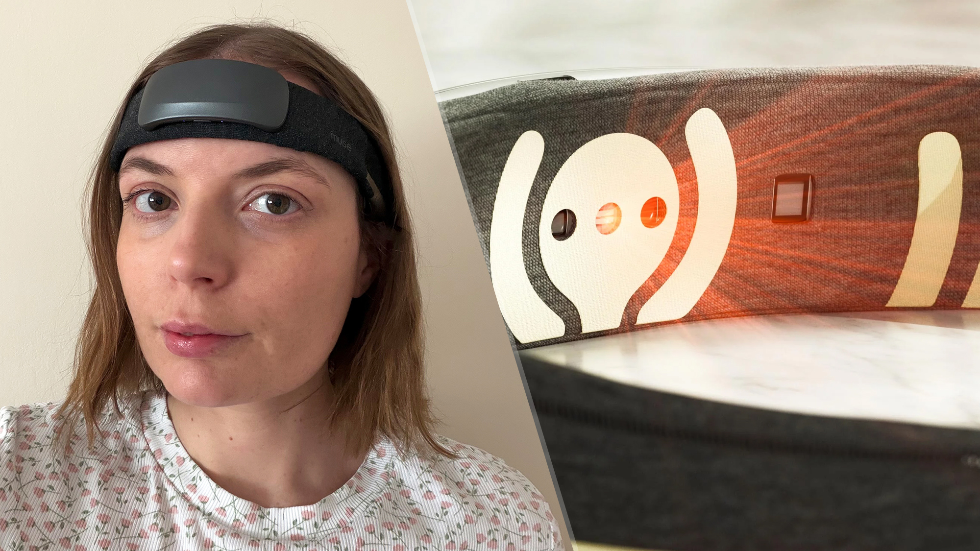 On the left, our tester Ruth jones wearing the Muse S Athena sleep headband. On the right, a close up of the sensors on the inside of the Muse S Athena sleep headband