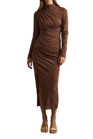 Kelly Ruched Mock Neck Midi Dress