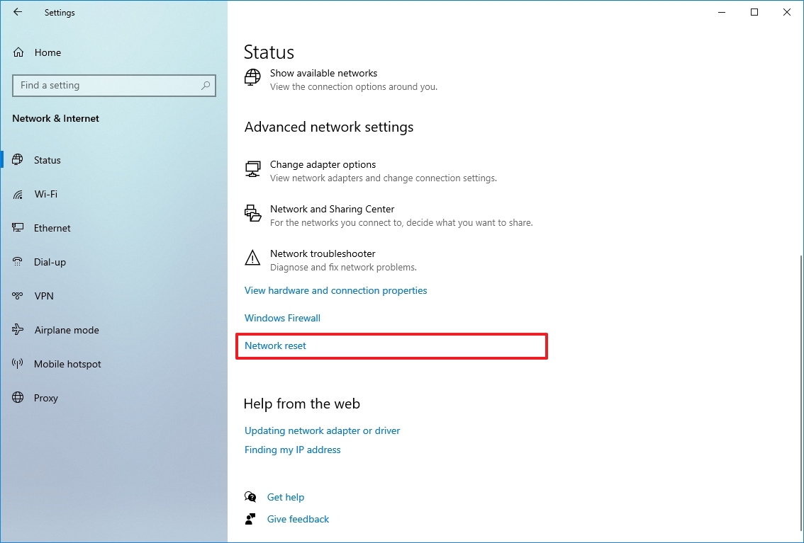 Windows 10 Settings network reset option