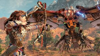 A screenshot from Horizon Zero Dawn Remastered showing Aloy aiming her bow at a bird-like machine.