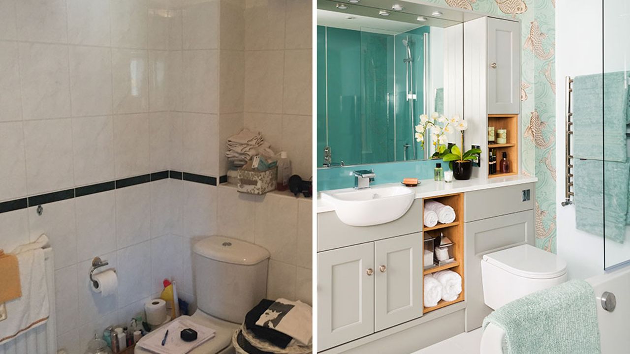 before and after bathroom makeover with white bathroom