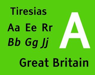 Sample text in Tiresias font, a legible sans-serif font, with several letters of the alphabet, a giant letter A, and the words 'Great Britain' spelt out, on a bright green background.