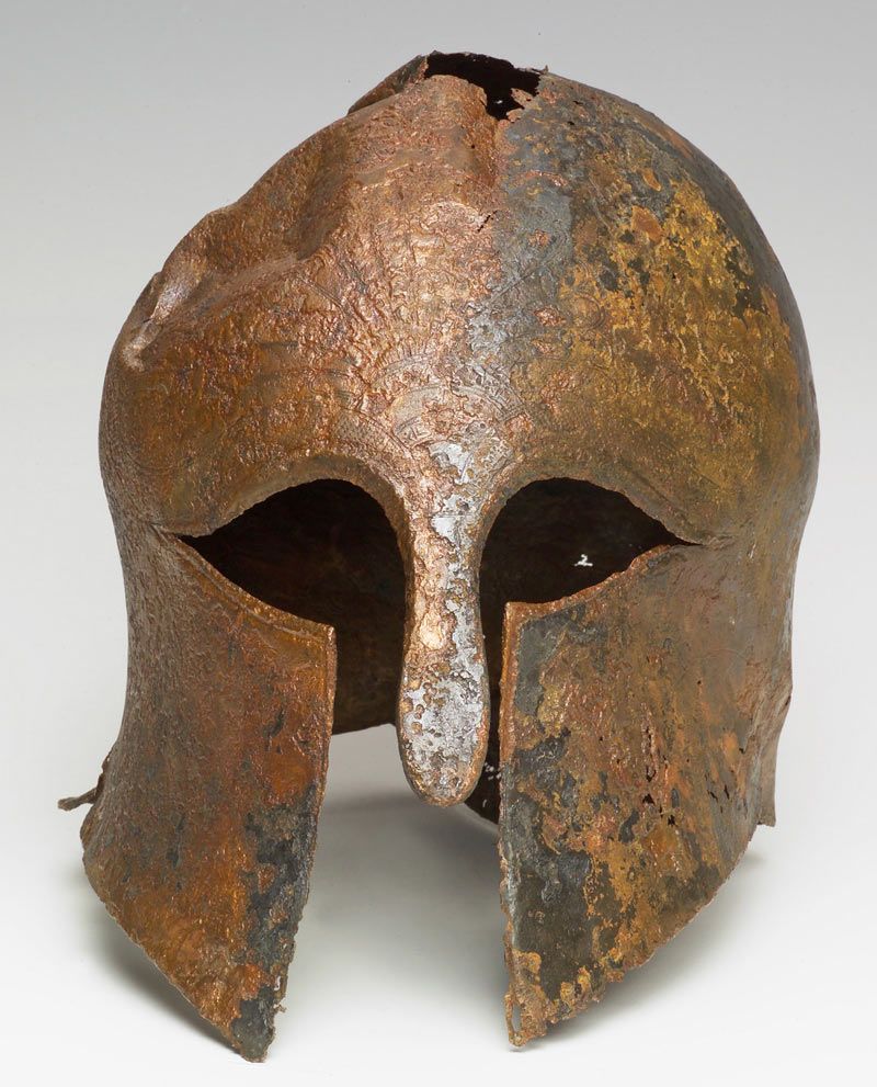 Covered with gold leaf (now somewhat corroded), this 2,600-year-old bronze helmet was discovered in the waters of Haifa Bay, in Israel. The helmet would have been worn by a wealthy Greek mercenary leader.