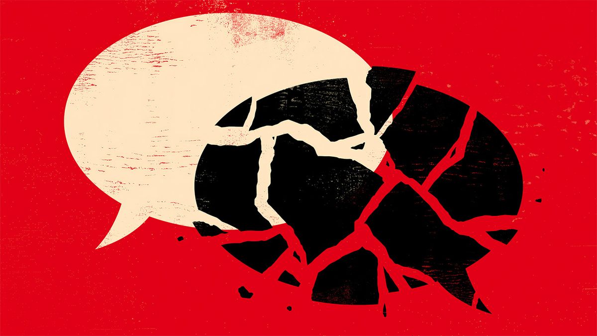 Broken speech bubble on red background 